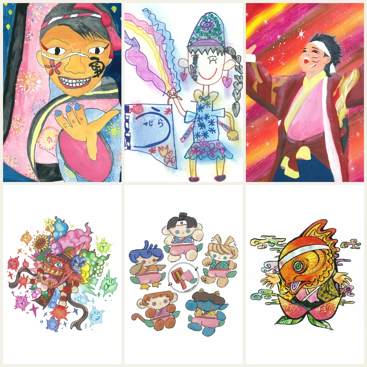第26回おかやま桃太郎まつり 絵画コンテスト・キャラクターイラスト学生コンテストの受賞作品6点